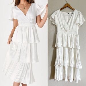 Twirl-wind Romance White Satin Tiered Midi Dress